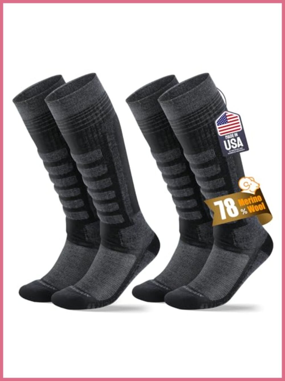 Merino Wool Ski Socks Over The Calf 2-Pair Snowboarding Athletic Socks